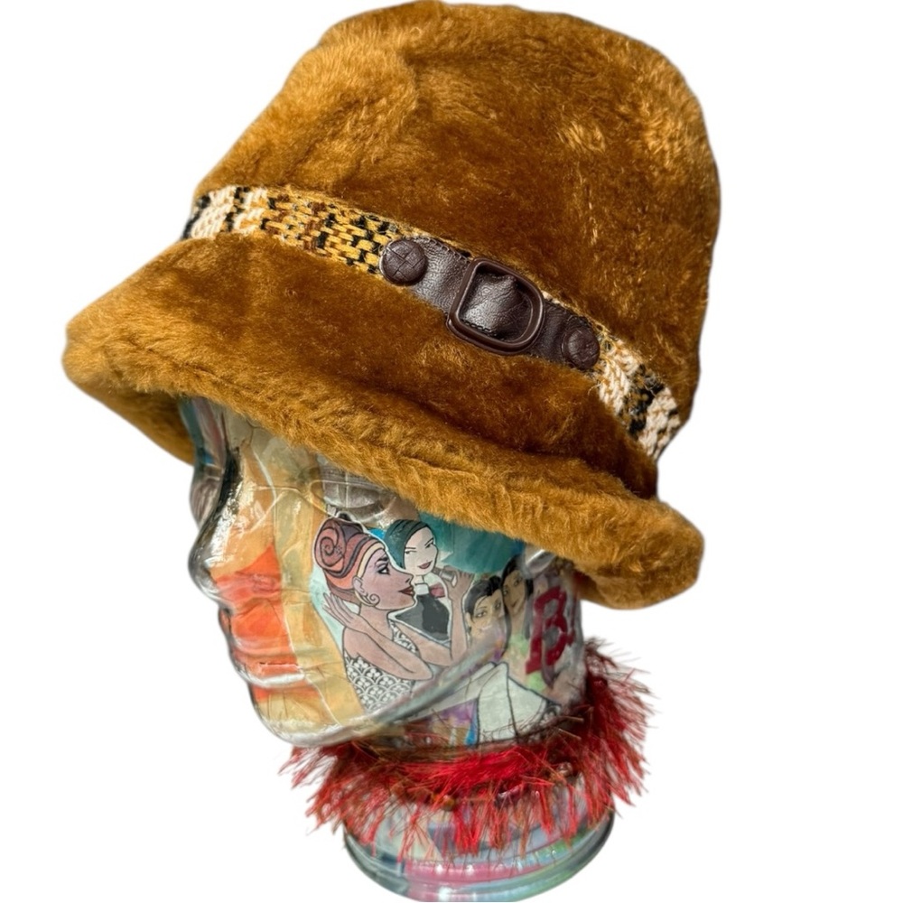 Vintage Brown Fur Hat with Black Buckle